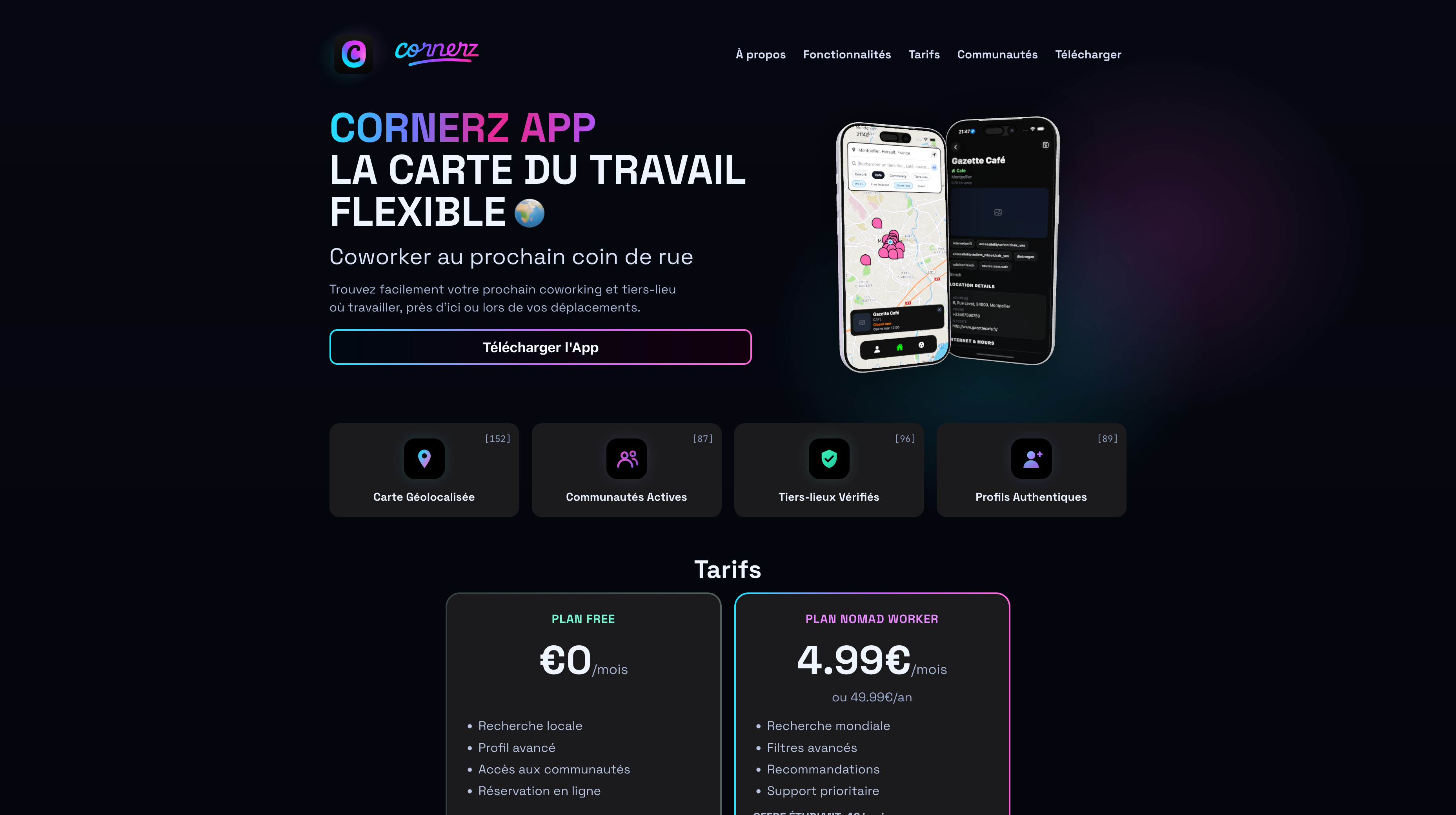 Application mobile Cornerz : carte géolocalisée d'espaces de coworking