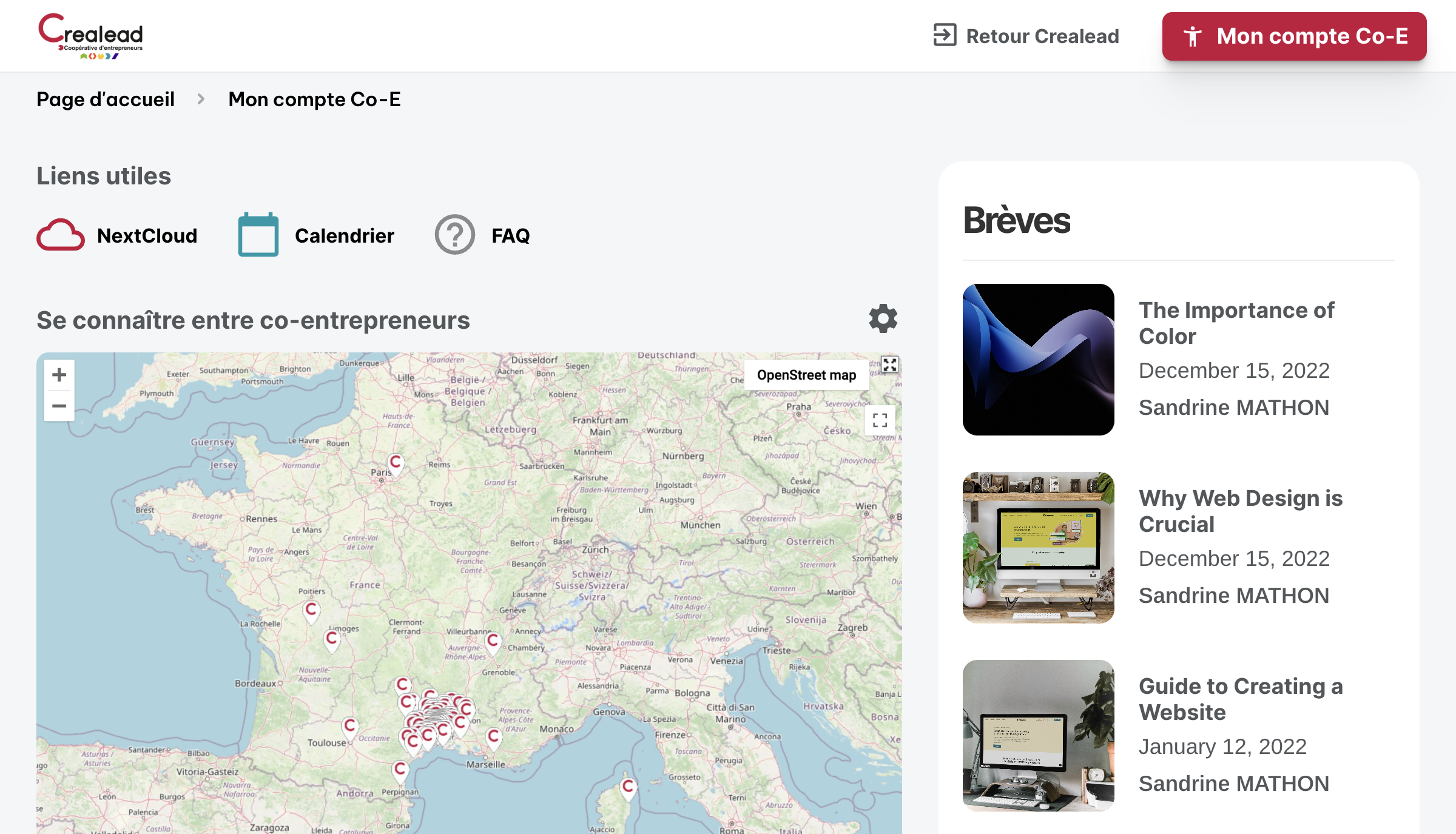 Prototype du portail des entrepreneurs de la coopérative Crealead